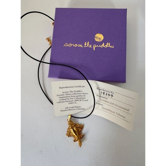 24K Gold Plated Quimbaya Tolima Pendant Necklace On Black Cord - Picture 8 of 11